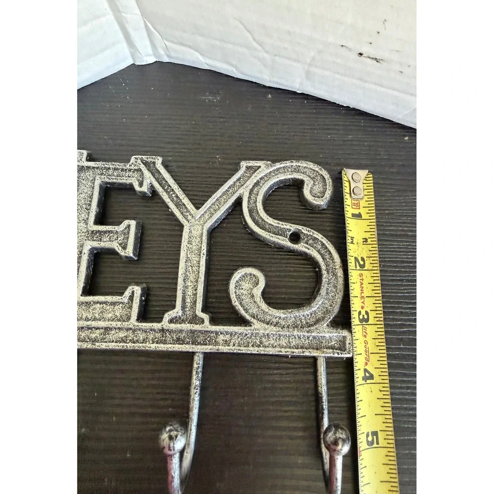 Rustic Cast Iron Wall Mounted Key Rack Distressed Silver 4 Hook Holder 7.5 Inch